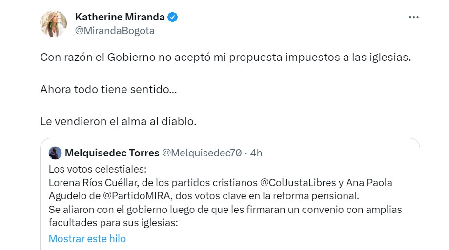 Katherine Miranda furiosa con Petro porque su gobierno firmó acuerdos con iglesias. Twitter.